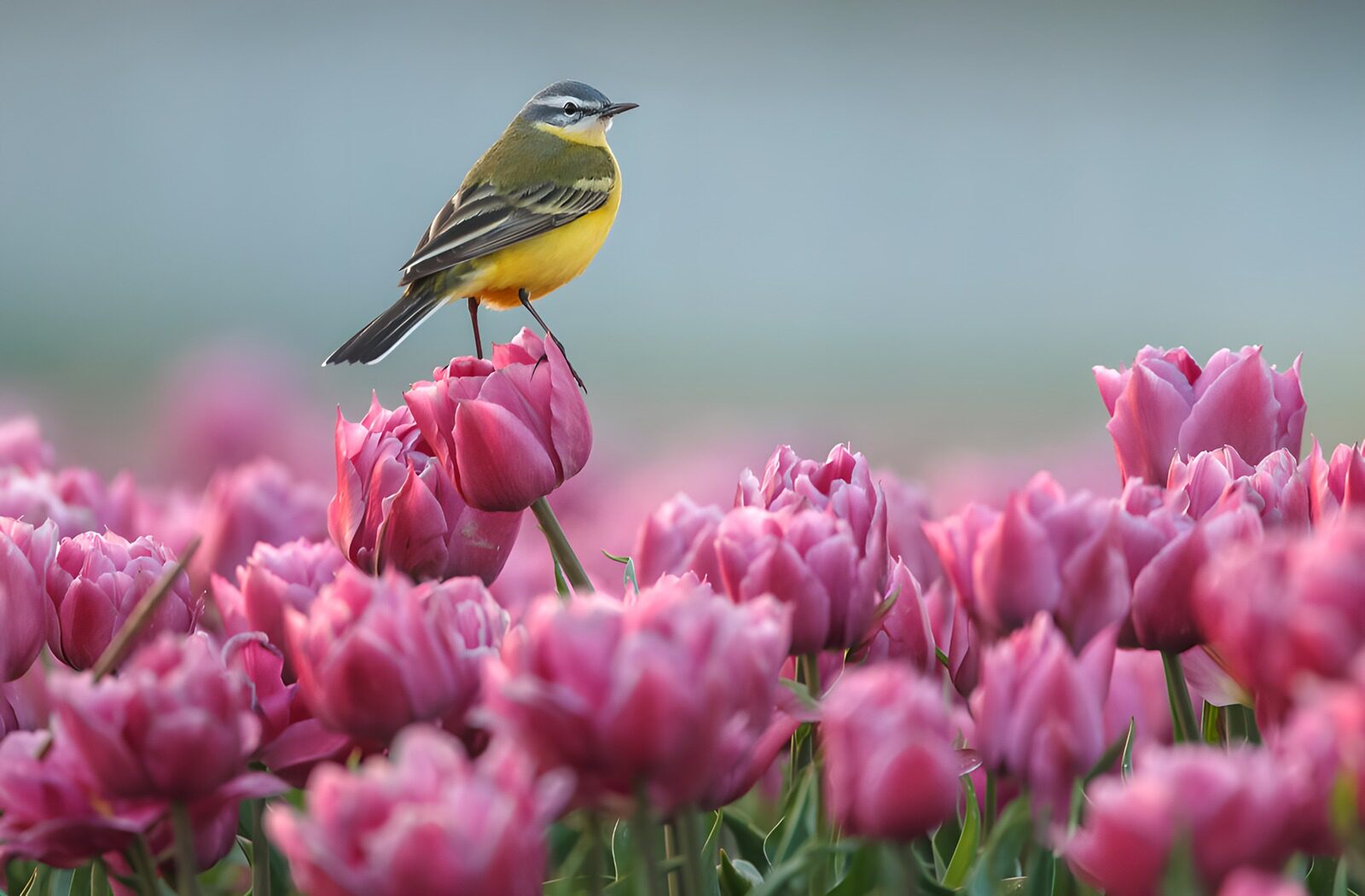 PDGIT3969896: Cutrettola tra i tulipani rosa