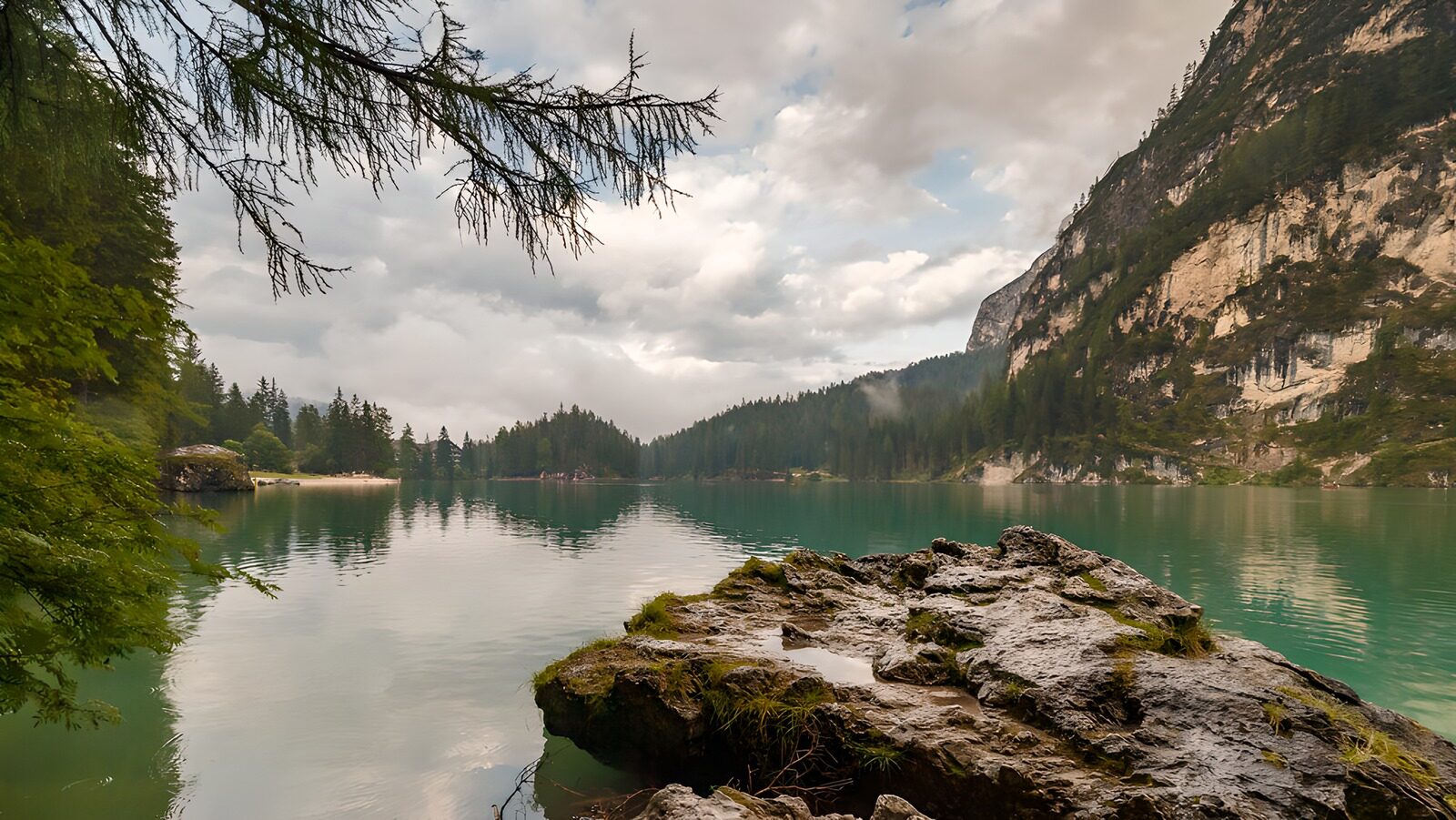 PDGIT4990415: Lago quieto tra bosco e parete rocciosa