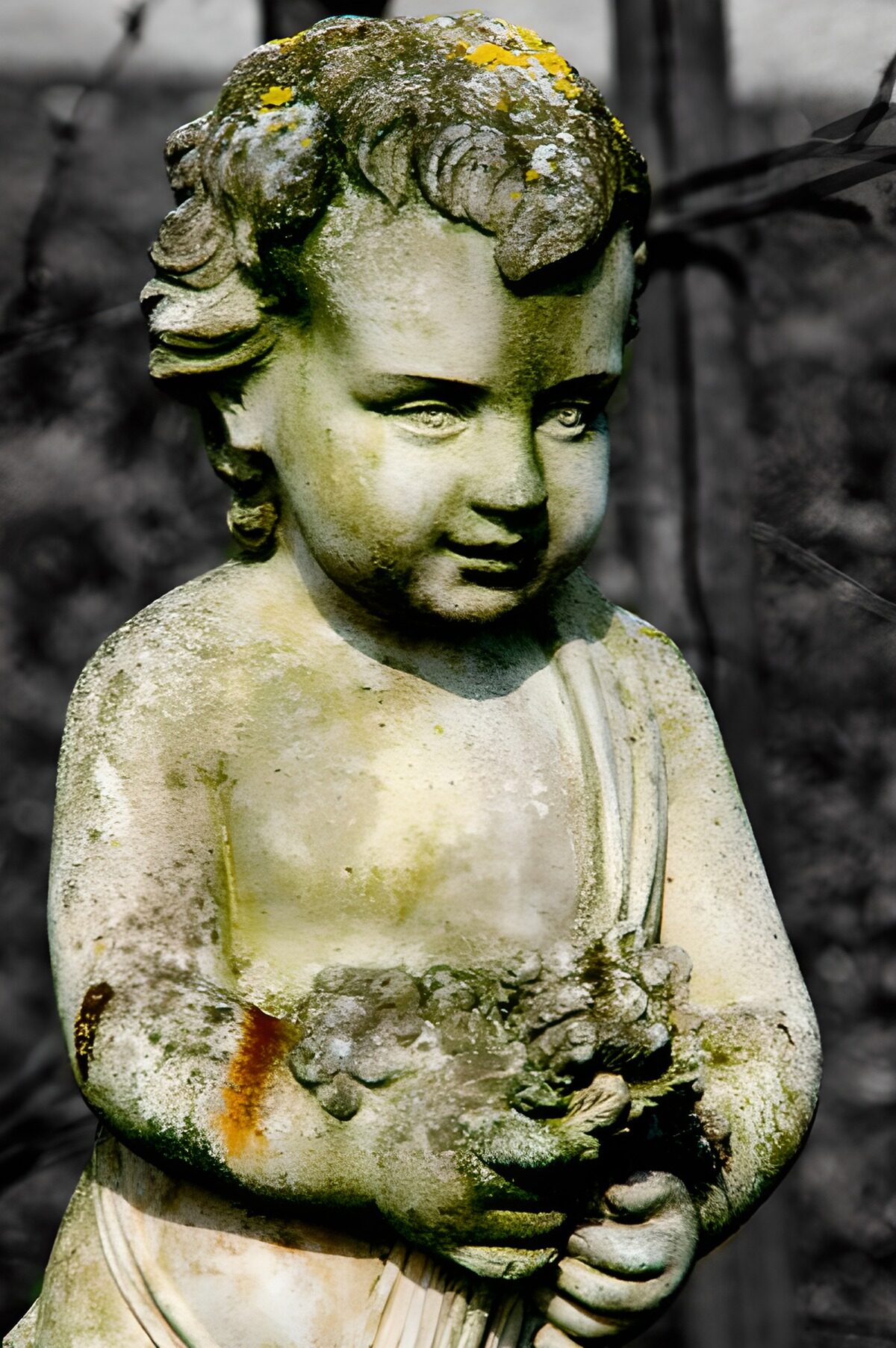 PDGIT9620484: Statua di bambino con fiori e licheni