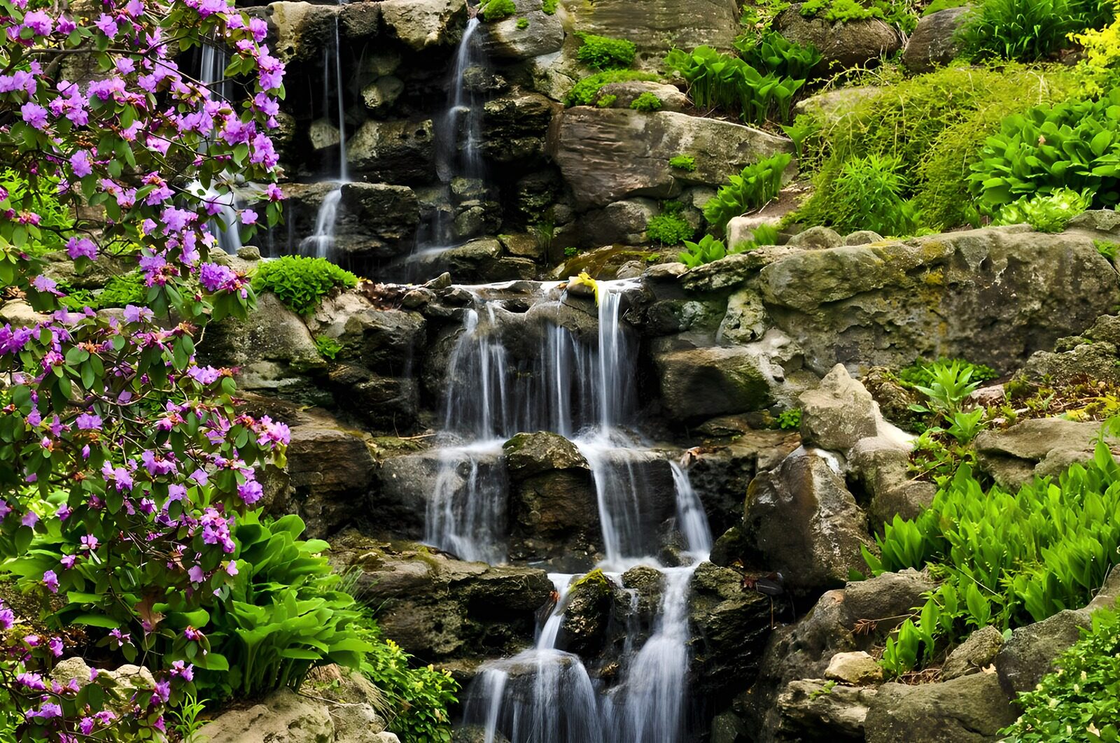 PDGIT1723523: Cascata tra rocce e fiori viola