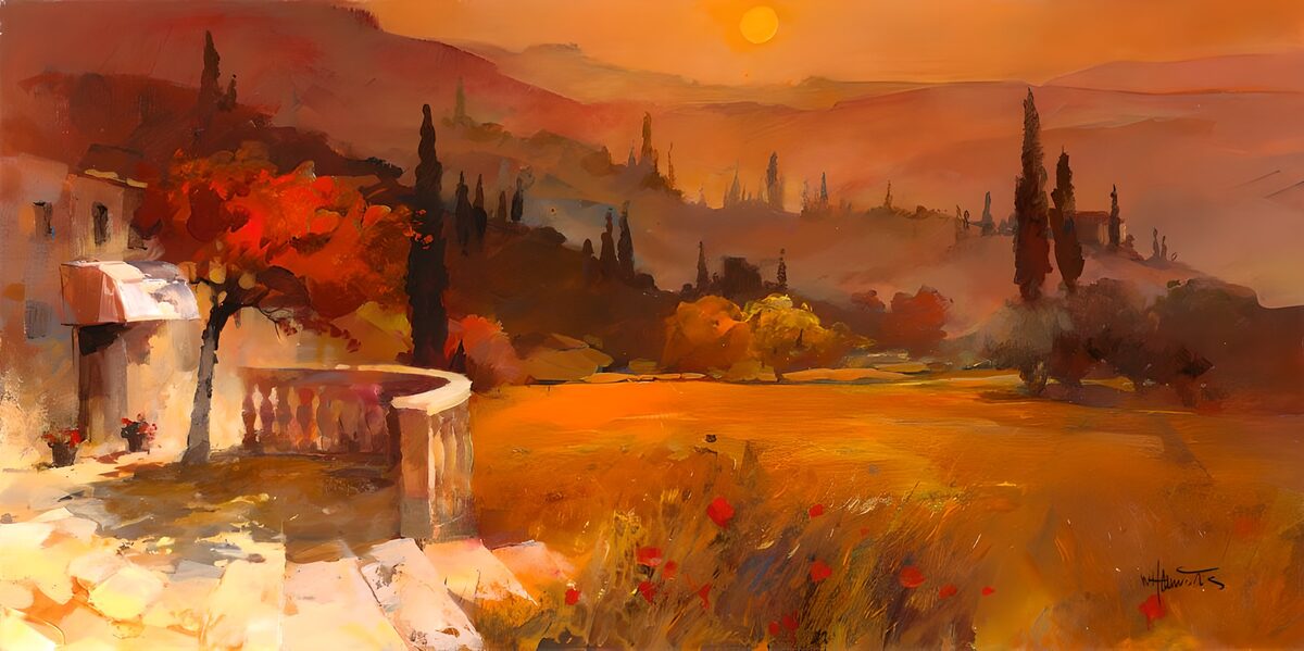 Terrazza e campi al tramonto