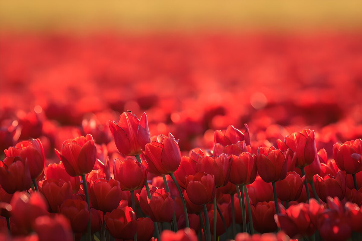 PDGIT4275811: Tulipani rossi nella luce dorata