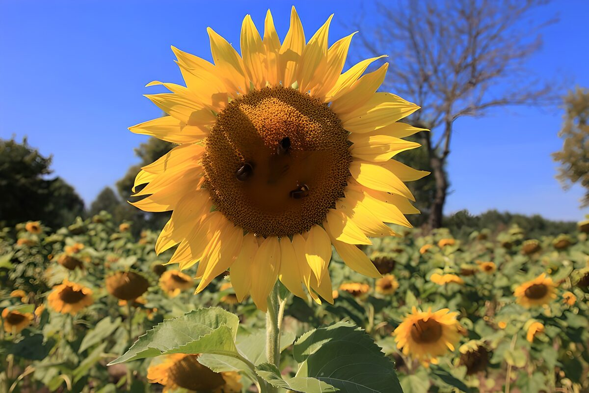 PDGIT7729333: Girasole e api sotto il cielo estivo