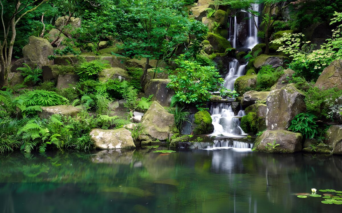 PDGIT2249834: Cascata e stagno nella quiete del verde