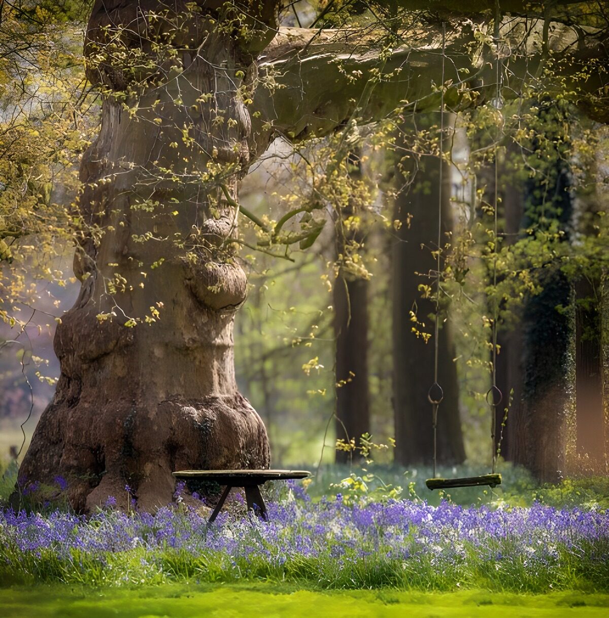 PDGIT3953768: Vecchio albero con altalena tra i fiori