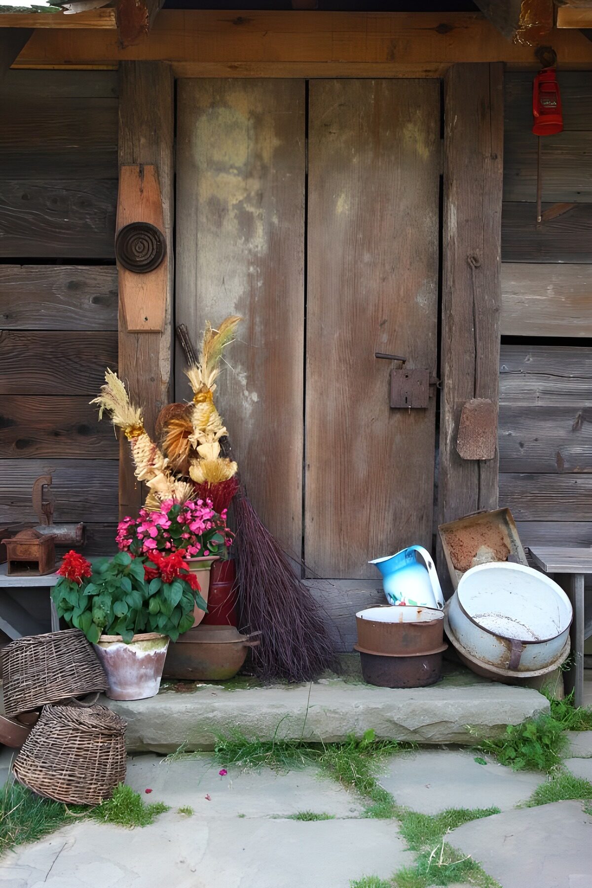 PDGIT9472883: Vecchia porta di legno tra fiori e cesti