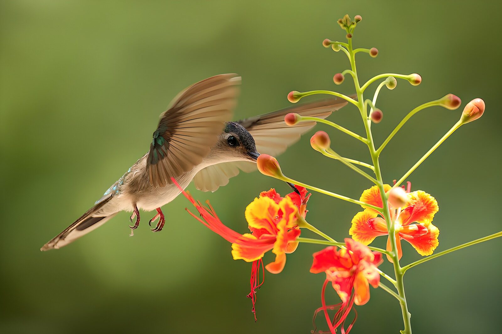 PDGIT5609355: Colibrì in volo tra fiori rossi e gialli