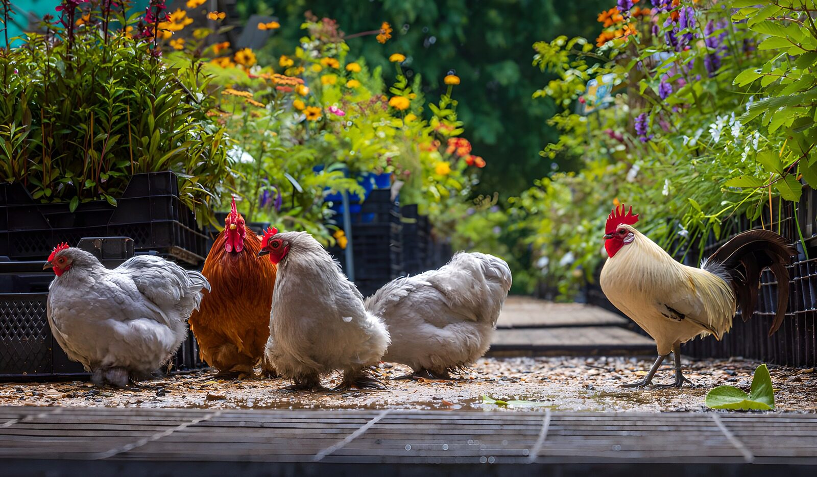 PDGIT4766365: Gallo e galline tra i fiori del giardino