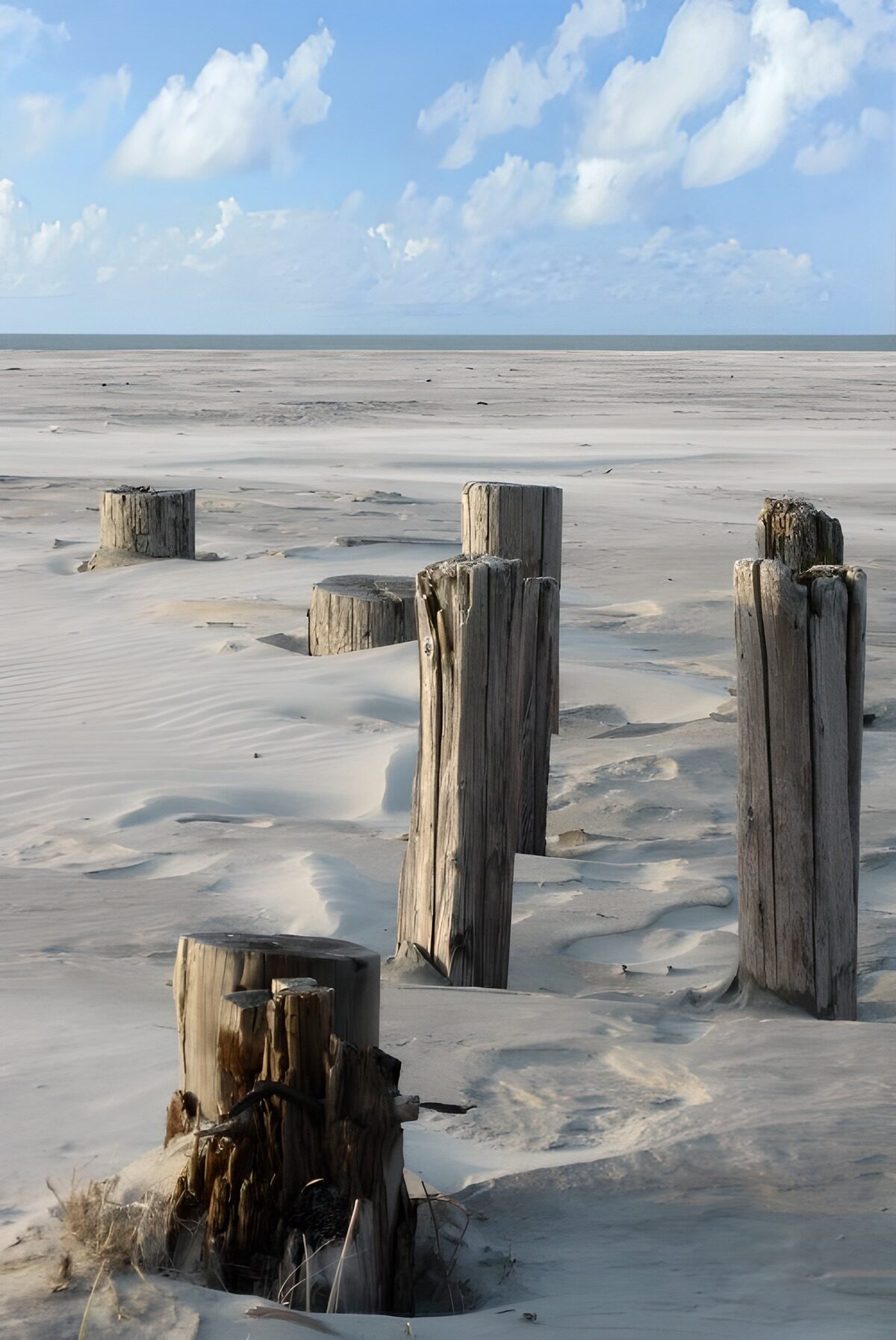 Pali di legno sulla spiaggia quieta