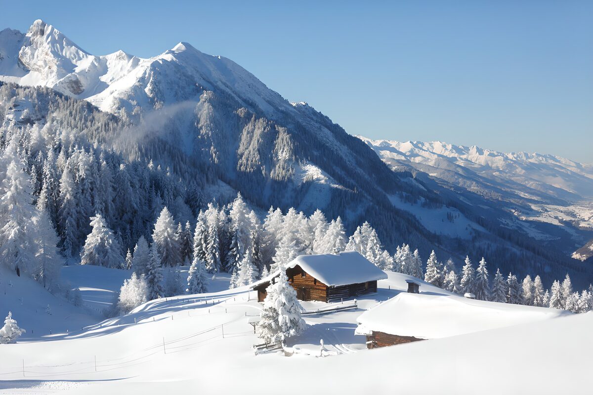 PDGIT1203402: Baite e conifere sotto la neve al sole