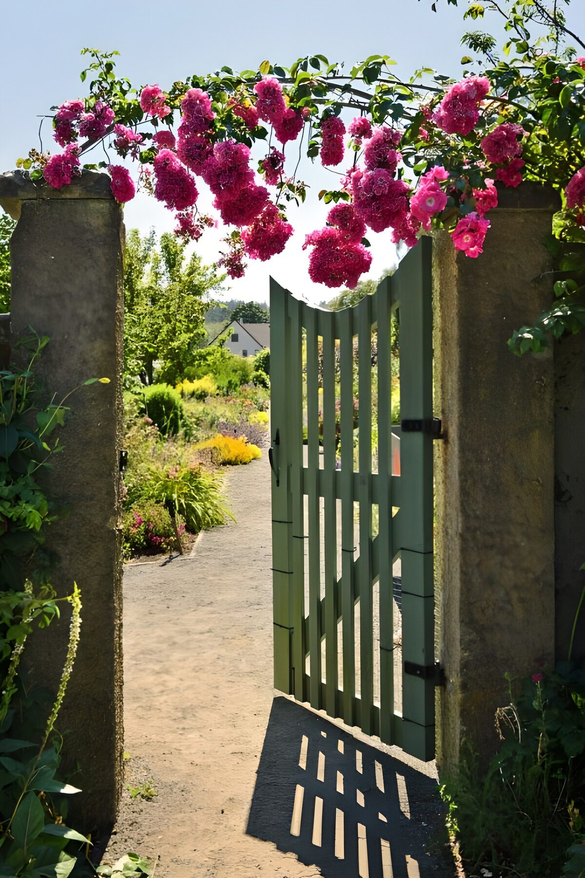 PDGIT3813352: Cancello verde tra pilastri e fiori rosa