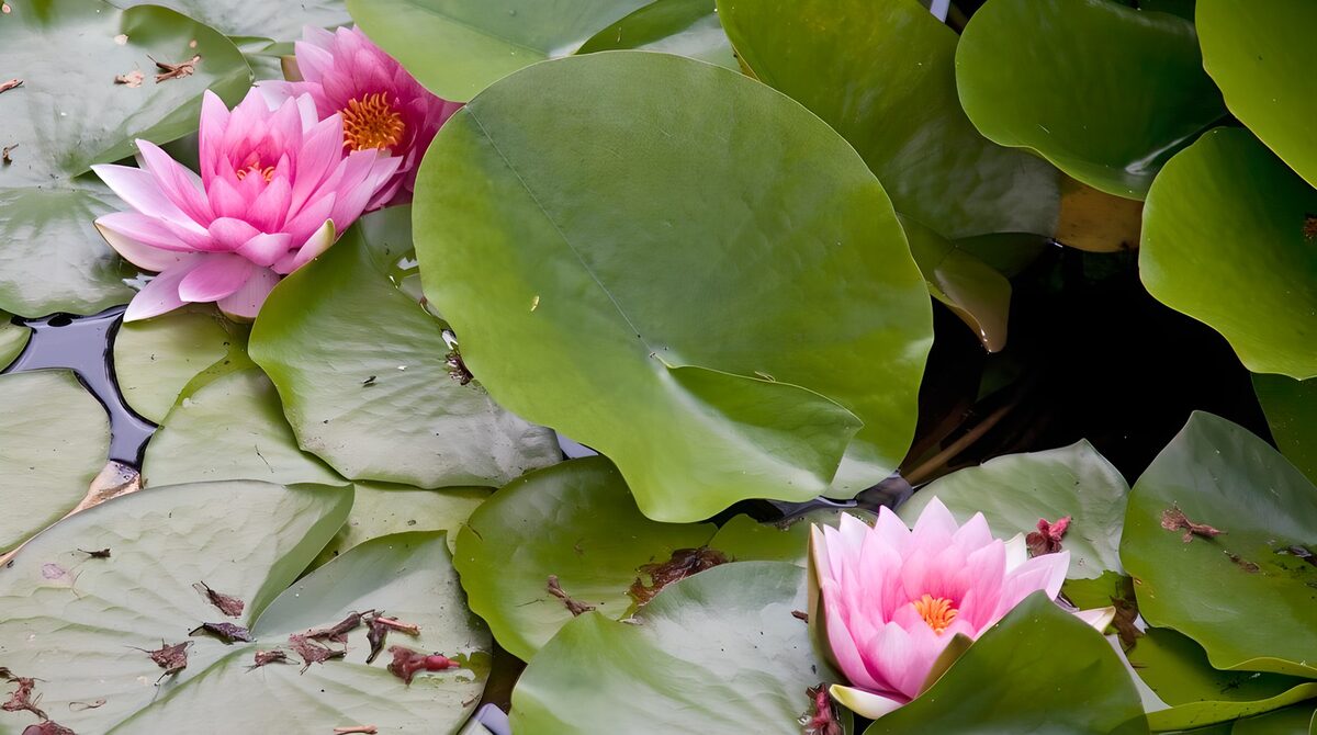 Tre ninfee rosa nel verde dello stagno