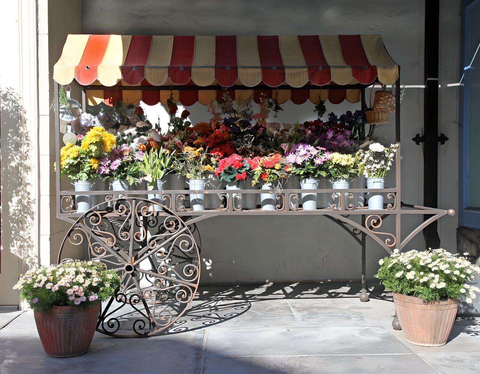 PDGIT9823958: Carretto di fiori sotto la tenda a righe