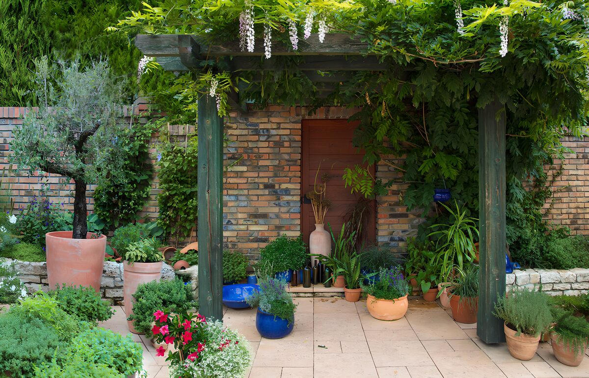 PDGIT9623469: Patio verde con pergola in fiore