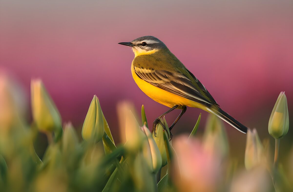 Uccellino giallo su un bocciolo di tulipano