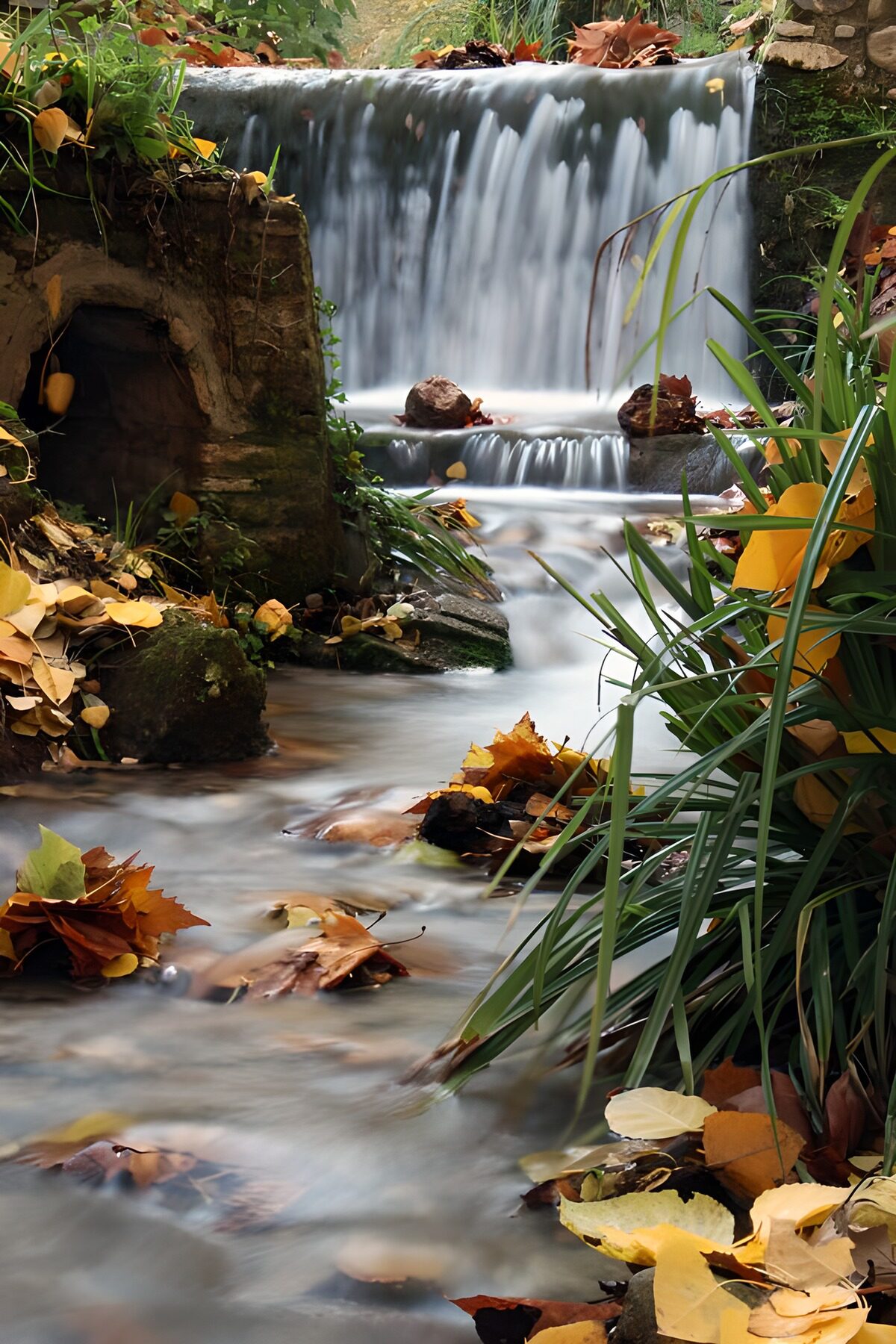 PDGIT7920750: Cascata tra pietre e foglie d’autunno