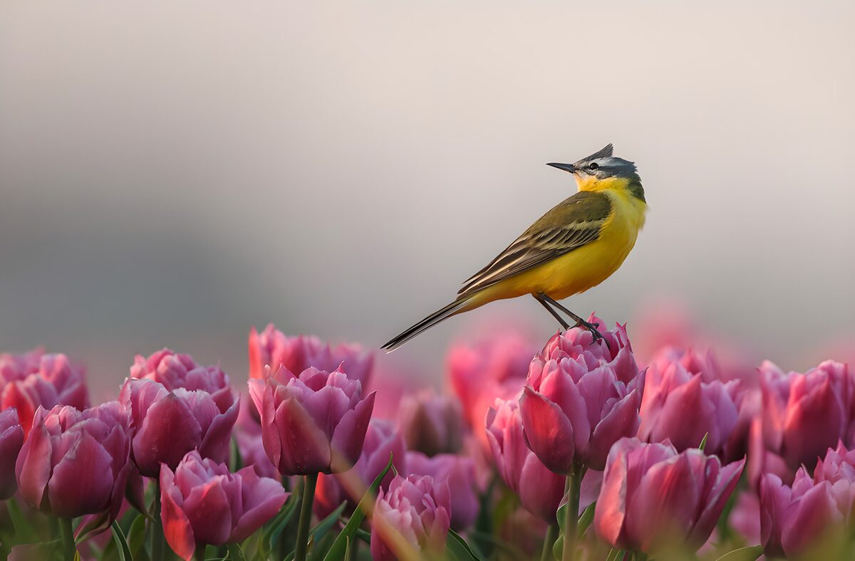 PDGIT9520660: Cutrettola tra onde di tulipani rosa