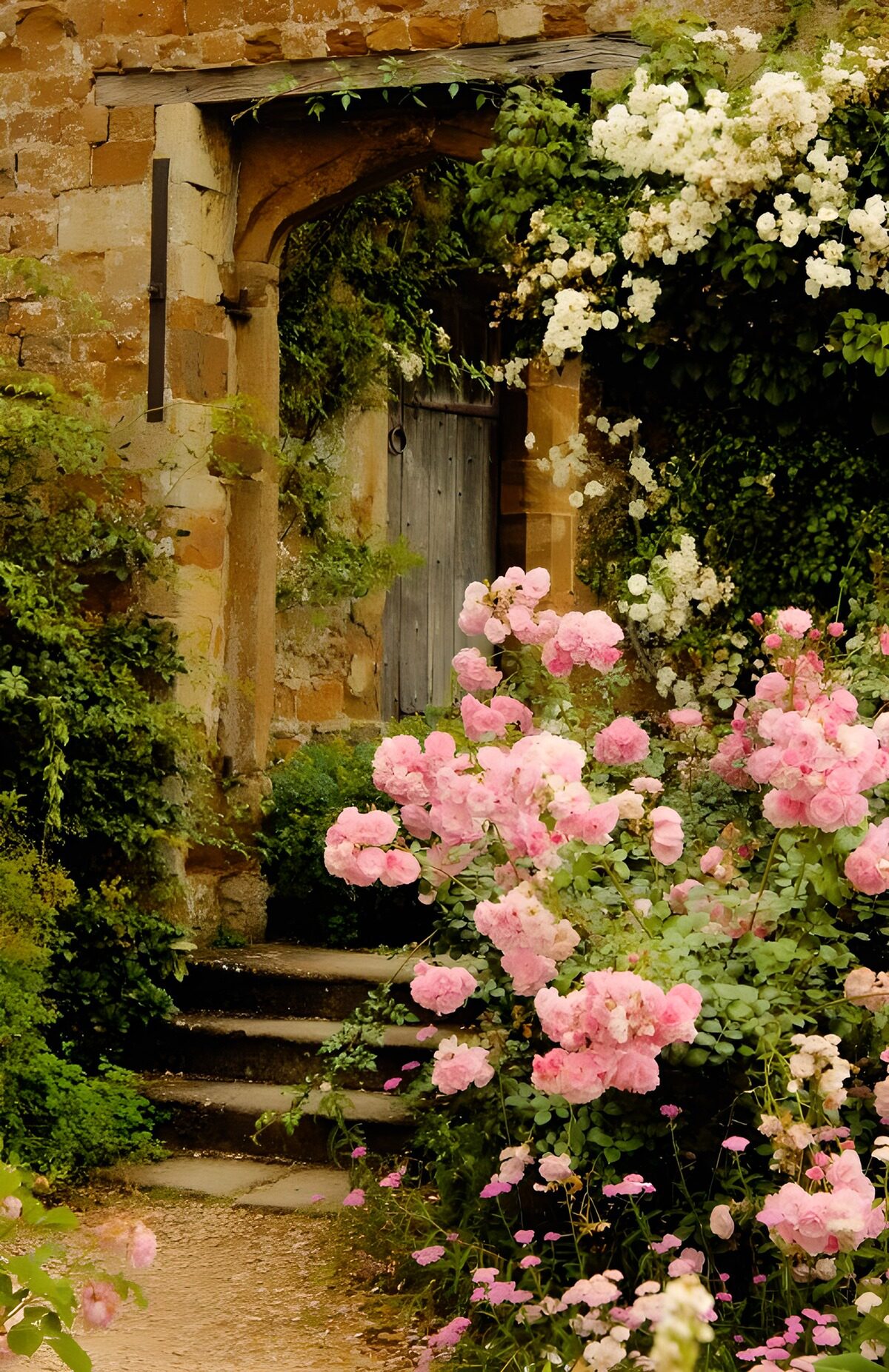 PDGIT5688680: Vecchia porta tra rose bianche e rosa
