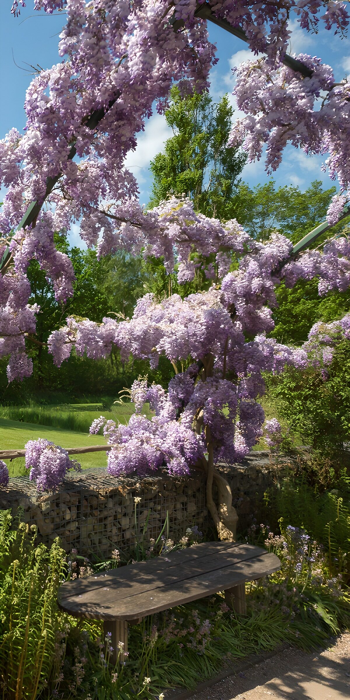 Panchina sotto il glicine in fiore