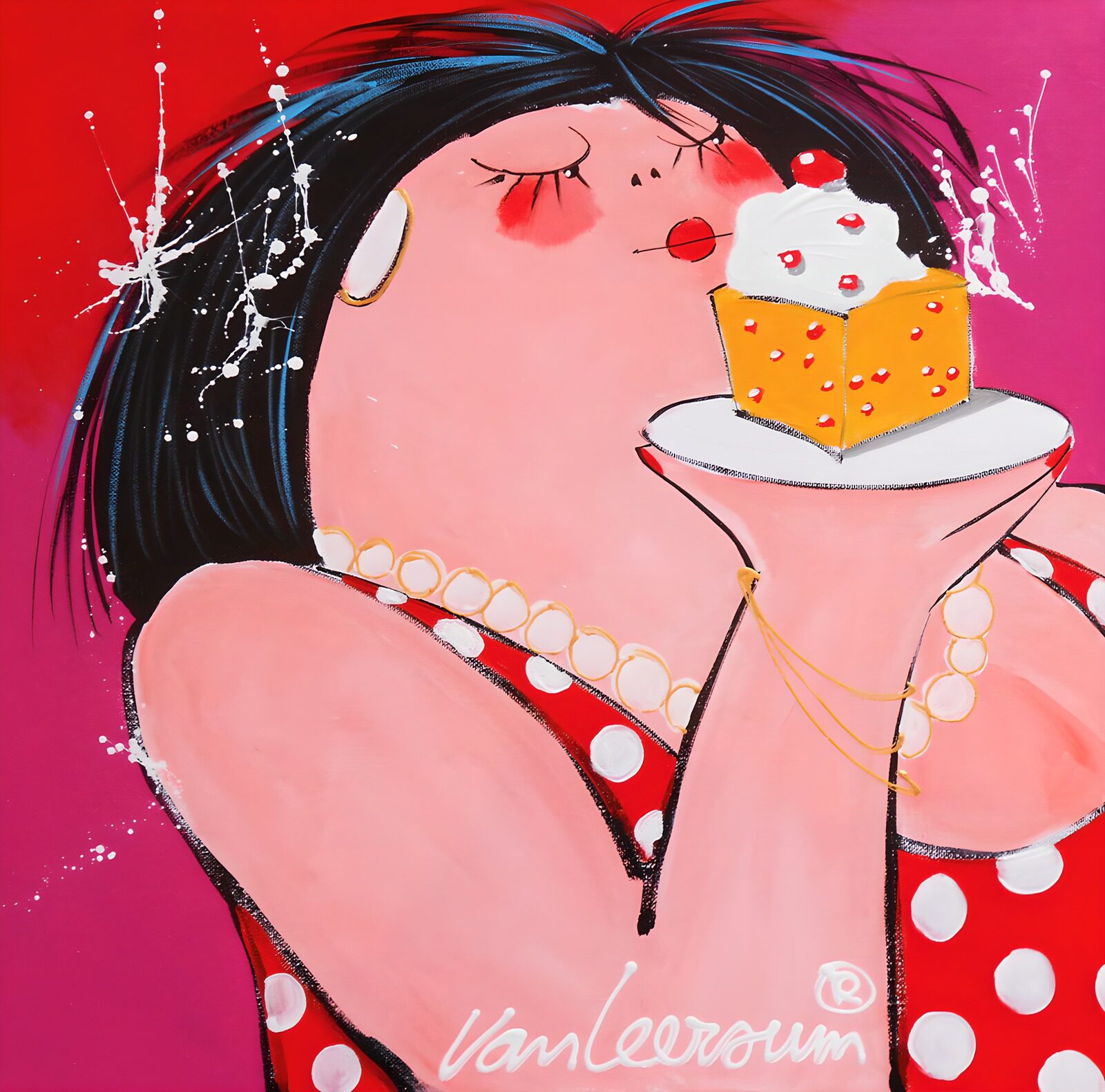 PDGIT6013651: Donna in rosso con torta e panna