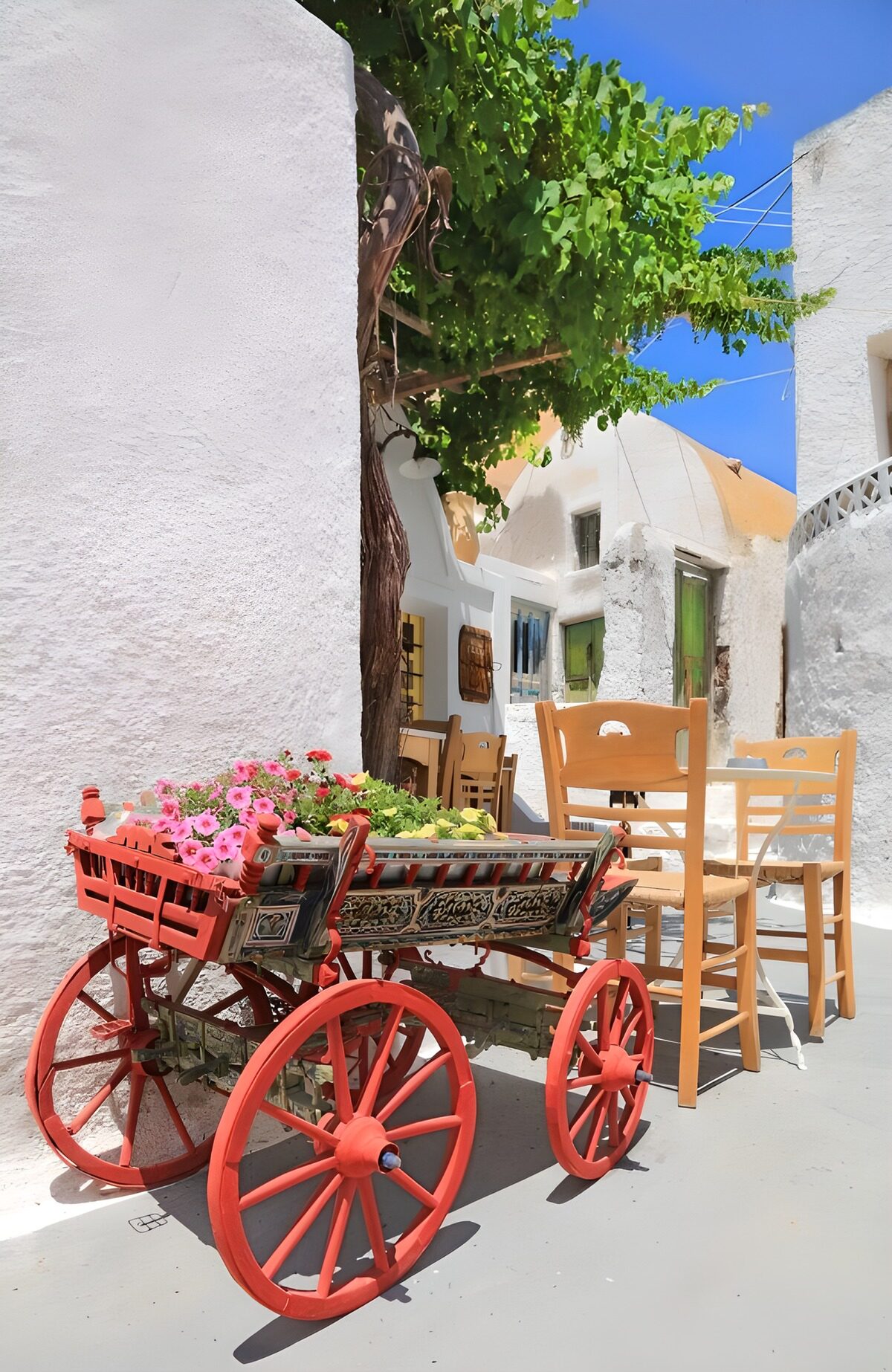 Carretto fiorito al sole tra muri bianchi