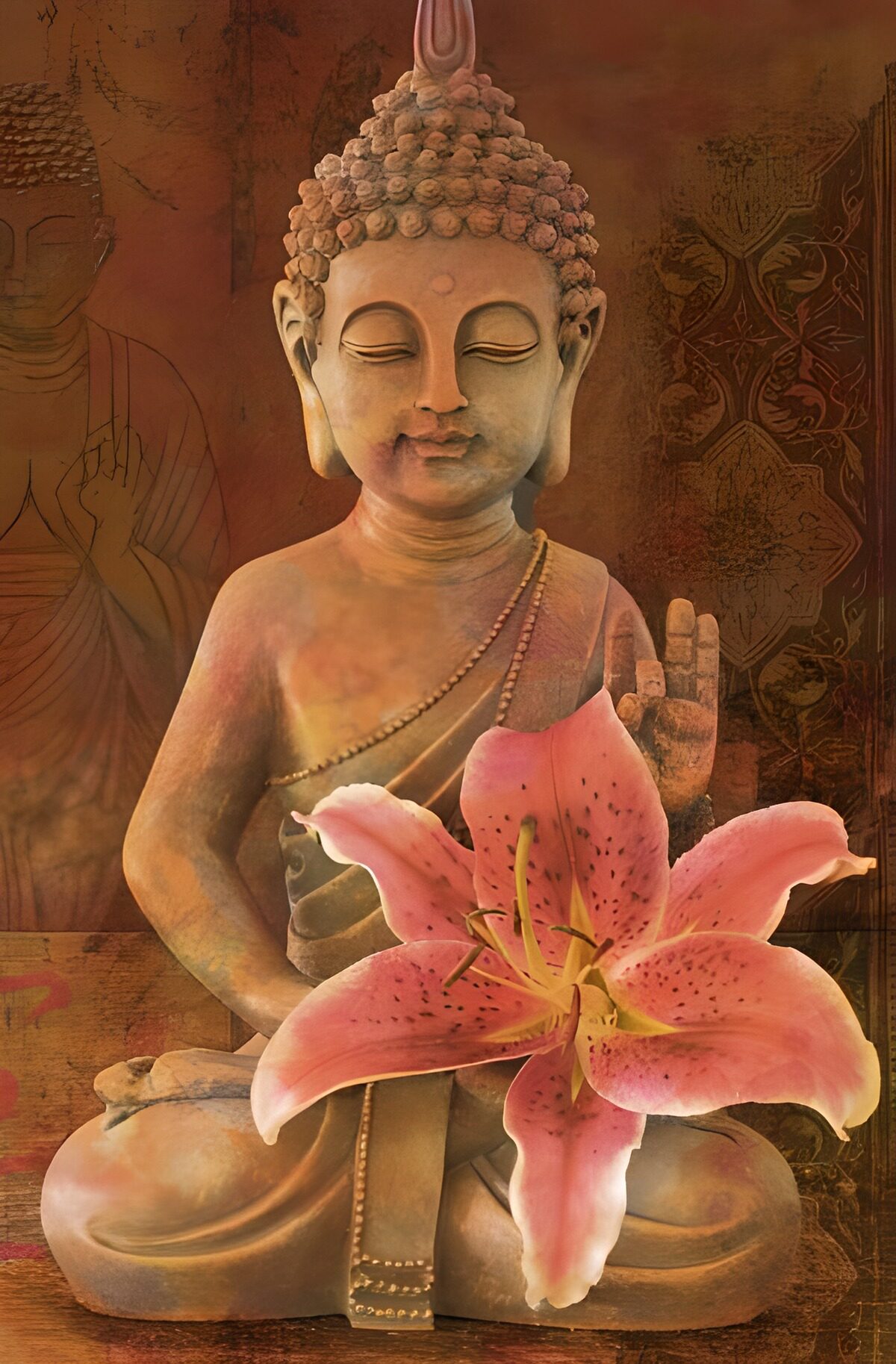 PDGIT9544944: Buddha con giglio rosa nei toni della terra