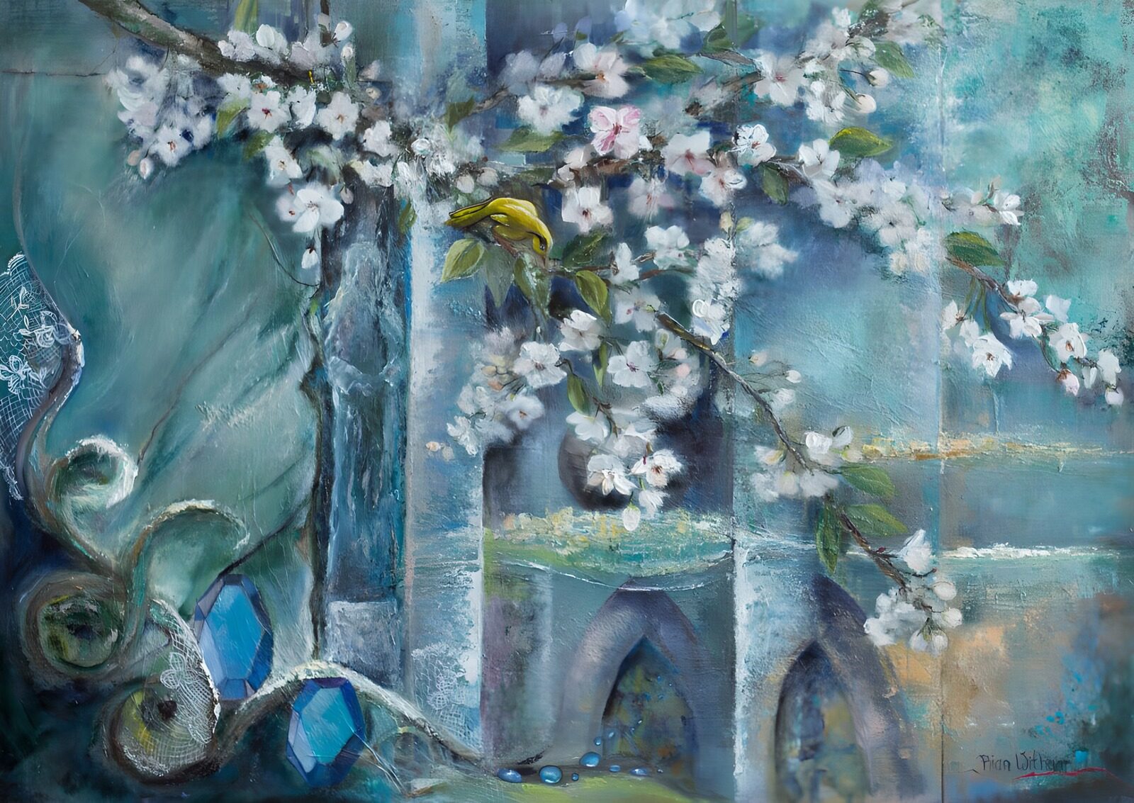 PDGIT9733916: Rami in fiore su fondo turchese