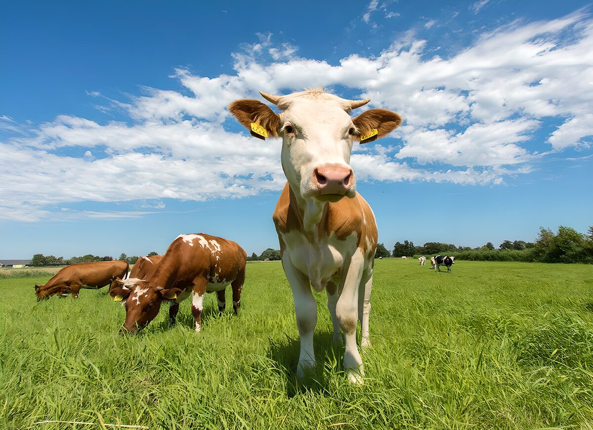 Mucca al pascolo sotto il cielo azzurro