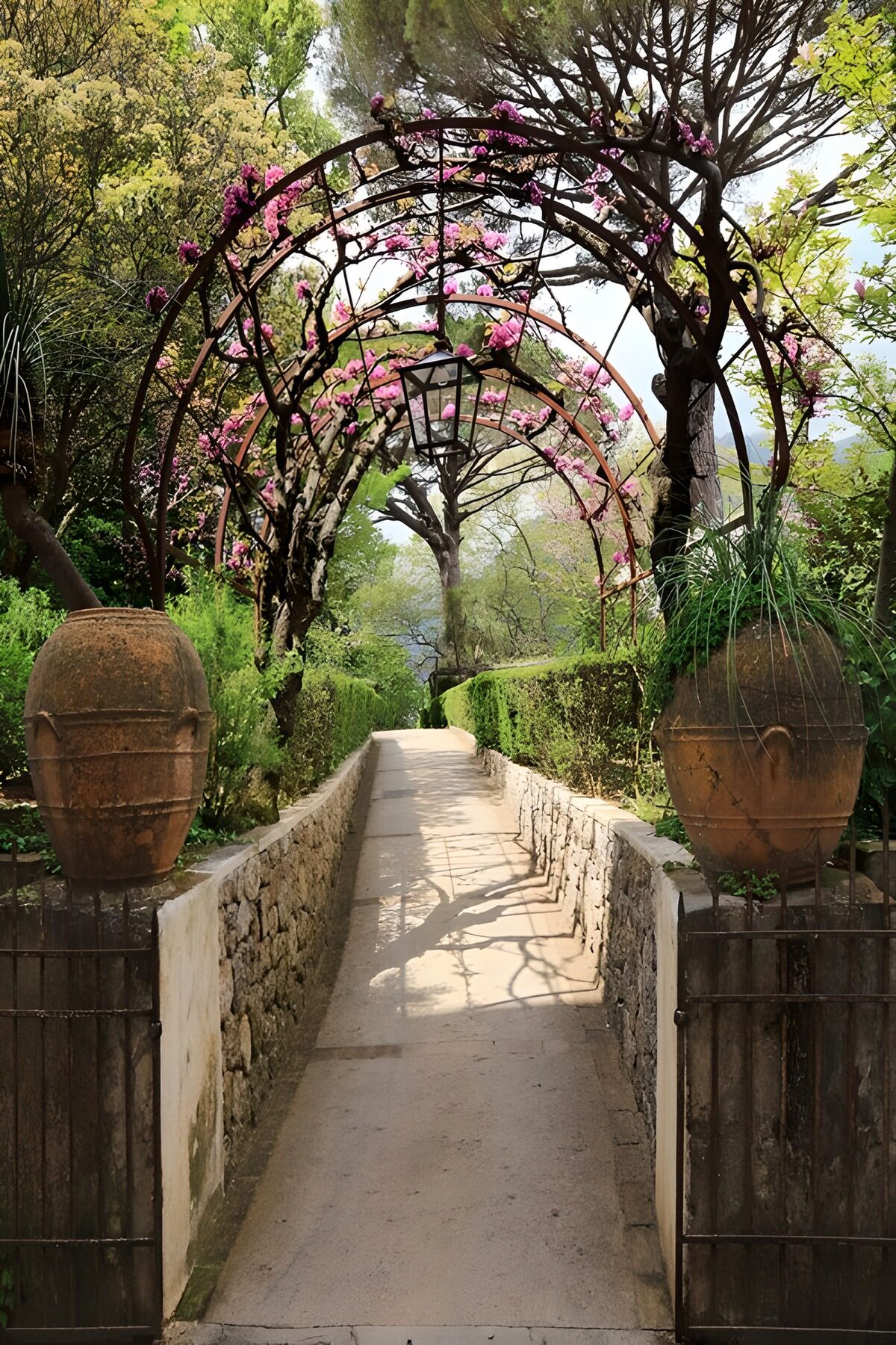 PDGIT9645062: Vialetto al sole tra archi e fiori rosa