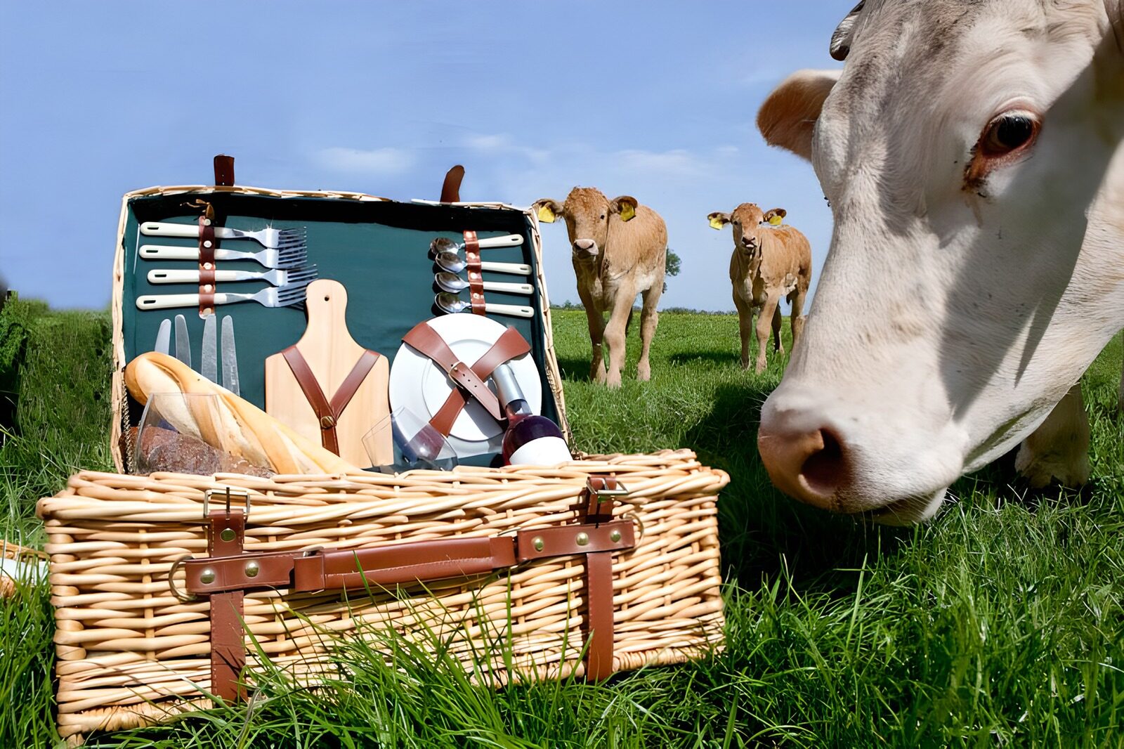 PDGIT8071856: Cestino da picnic e mucche curiose