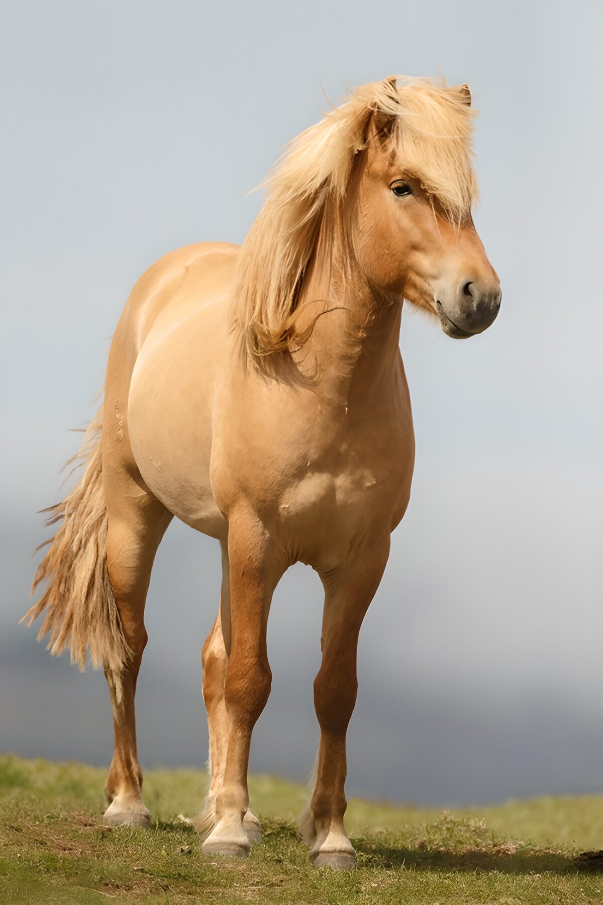 PDGIT6424919: Cavallo dorato sul prato al sole