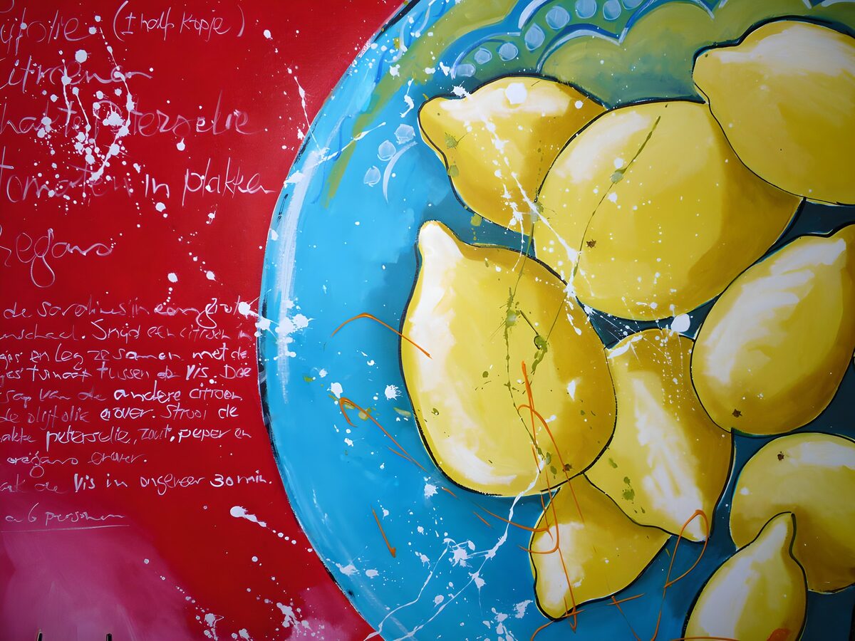 PDGIT6086168: Limoni e piatto turchese su rosso acceso