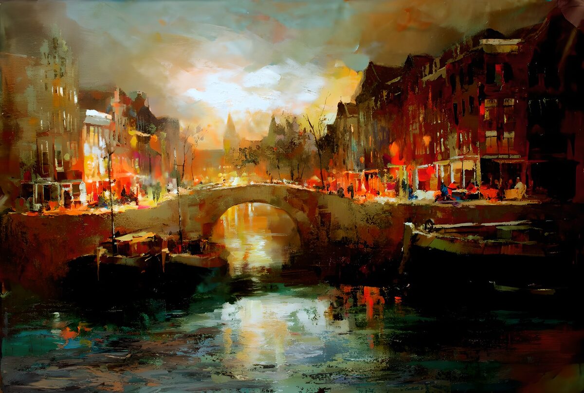 PDGIT8349247: Canale con ponte al tramonto