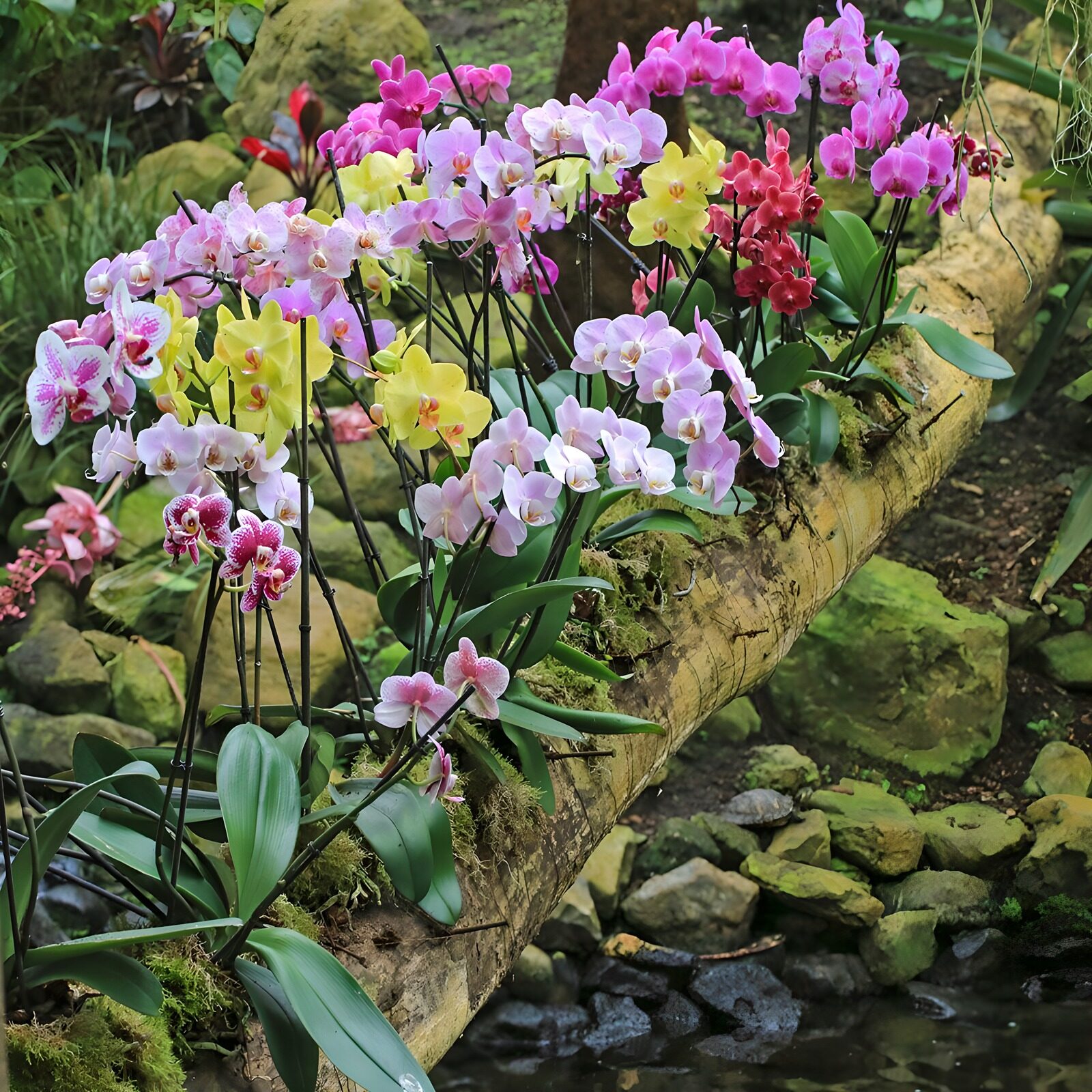 PDGIT7670218: Orchidee multicolori sul tronco muschioso