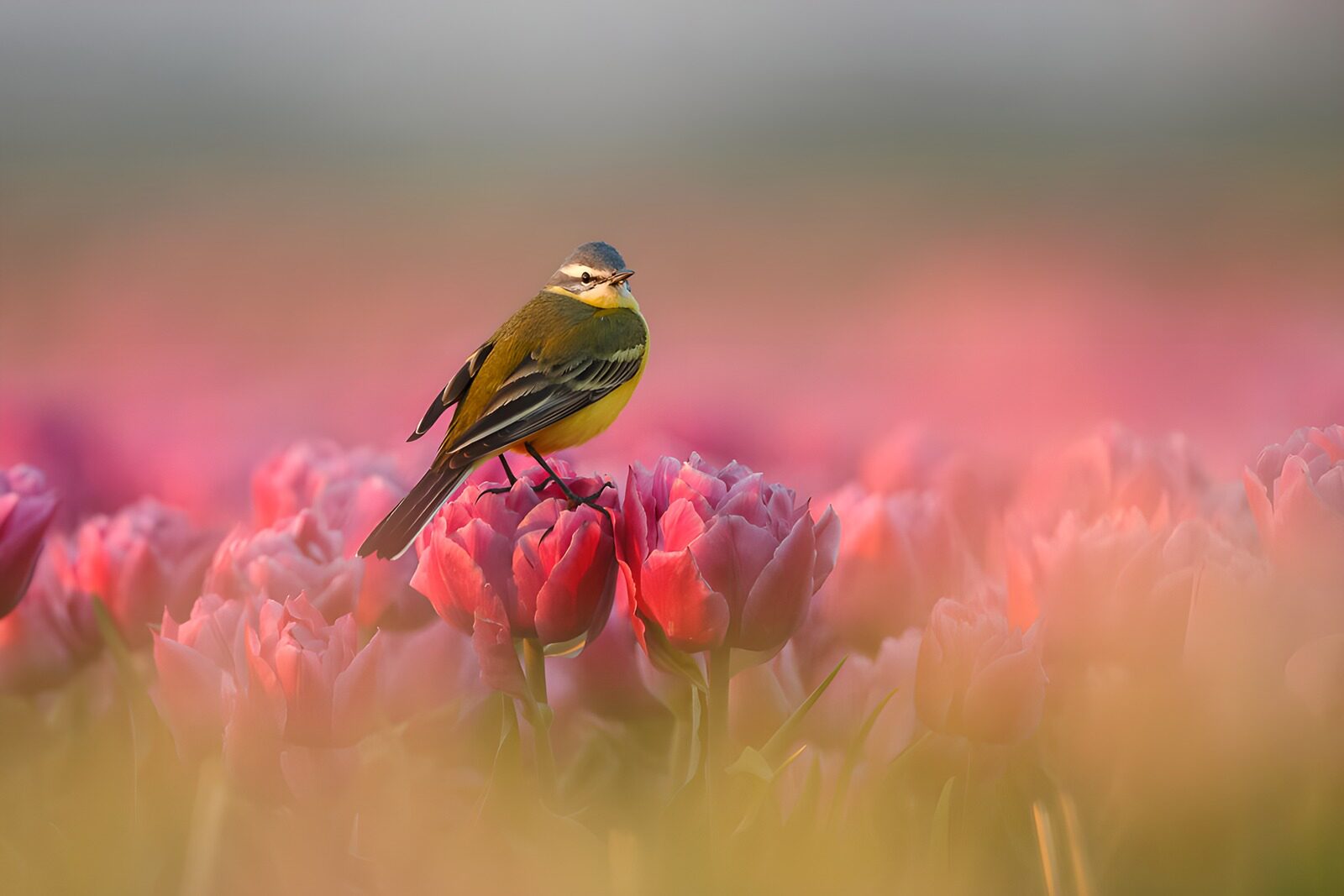PDGIT4149039: Cutrettola su un tulipano rosa