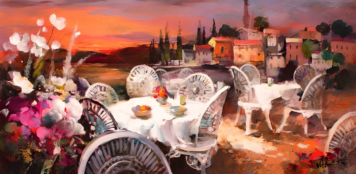 PDGIT8502058: Terrazza sull’acqua al tramonto