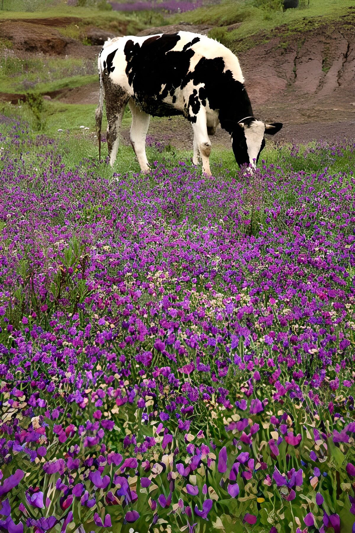 Mucca al pascolo tra i fiori viola