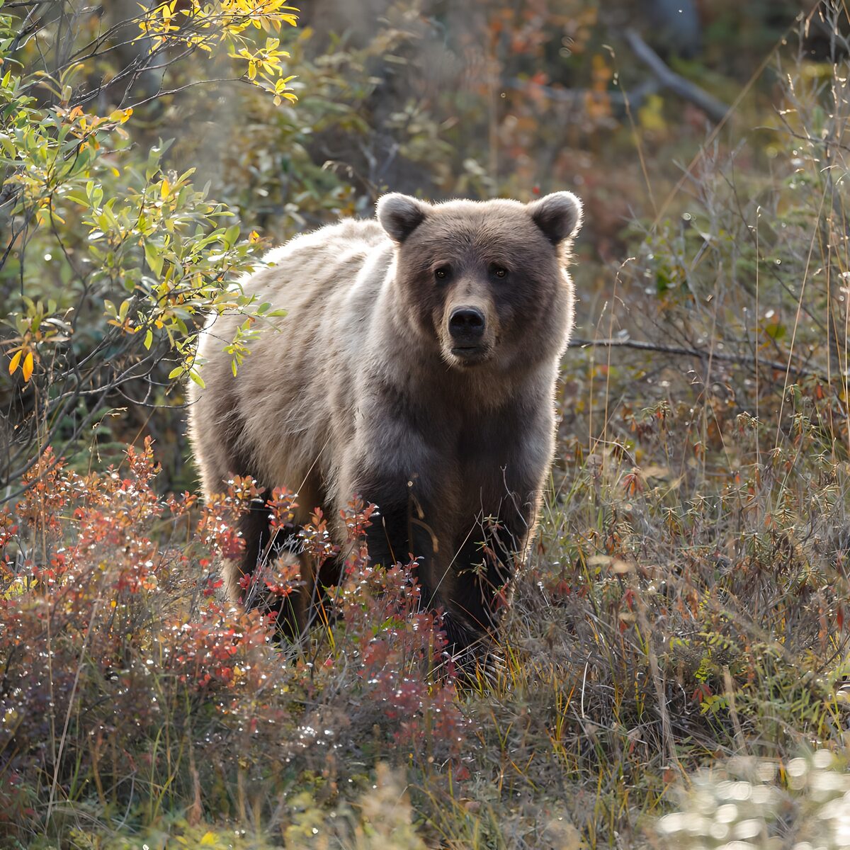 PDGIT5805126: Orso bruno tra gli arbusti d’autunno