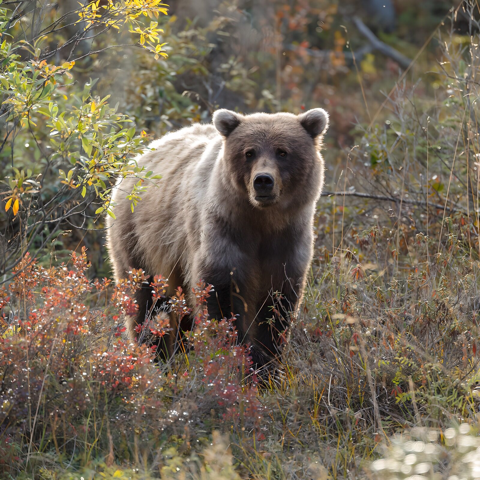 PDGIT5805126: Orso bruno tra gli arbusti d’autunno