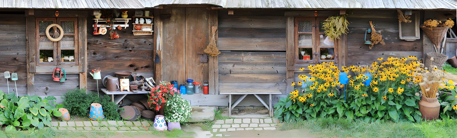 PDGIT2193649: Casa di legno tra vasi e fiori