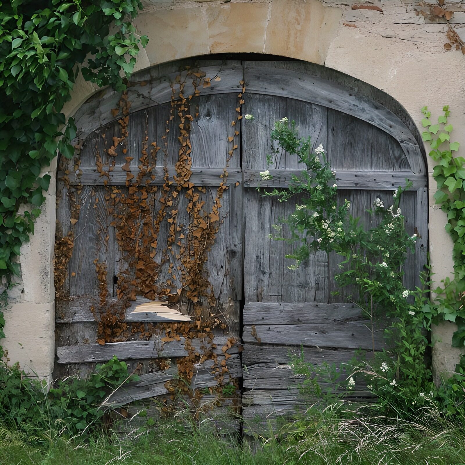 PDGIT9649907: Vecchia porta ad arco tra le piante
