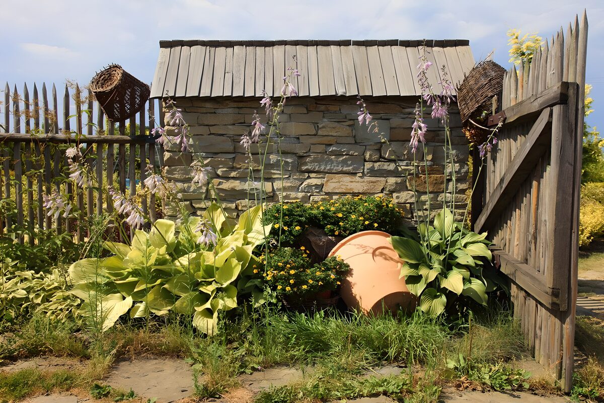PDGIT8196787: Hosta in fiore nel giardino rustico