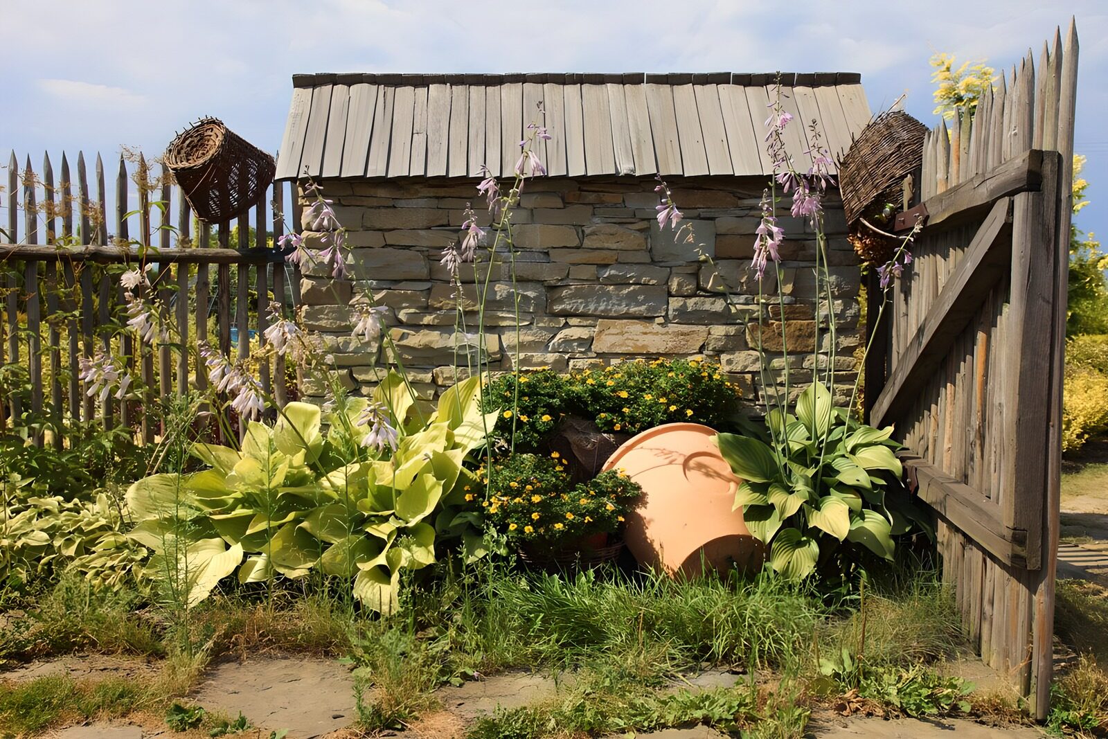 PDGIT8196787: Hosta in fiore nel giardino rustico