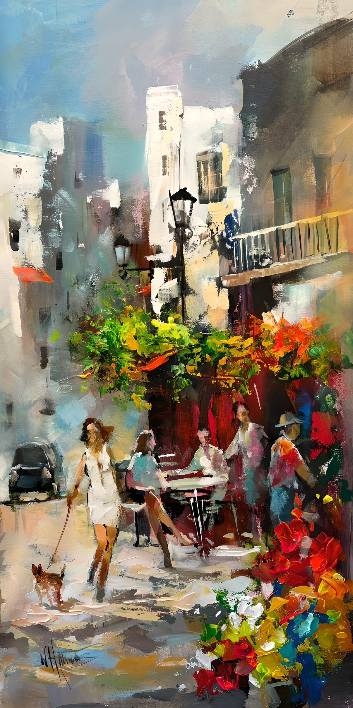 Stradina con caffè e fiori al sole