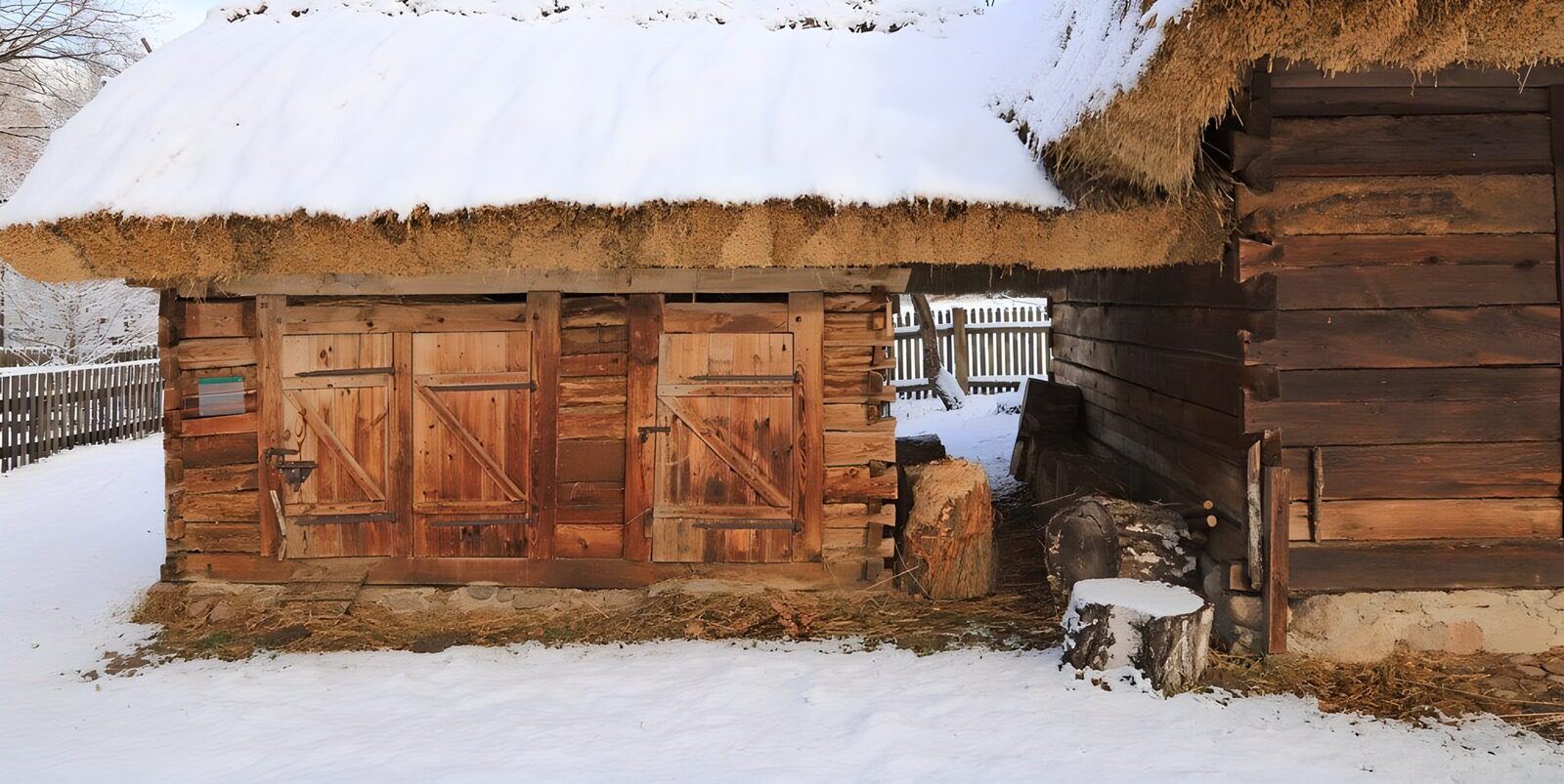 PDGIT2401538: Rustici in legno sotto i tetti innevati