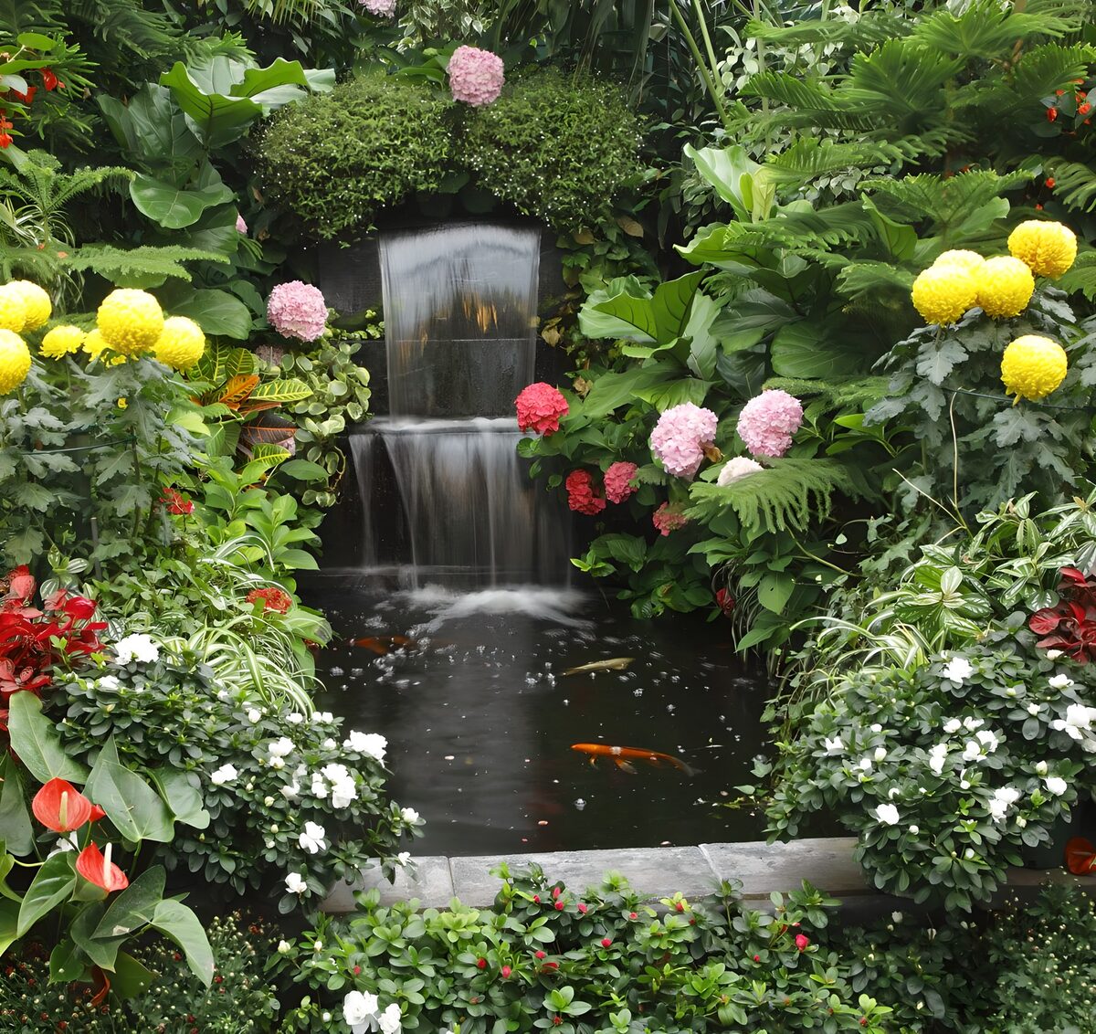 Stagno e cascata in un abbraccio di fiori