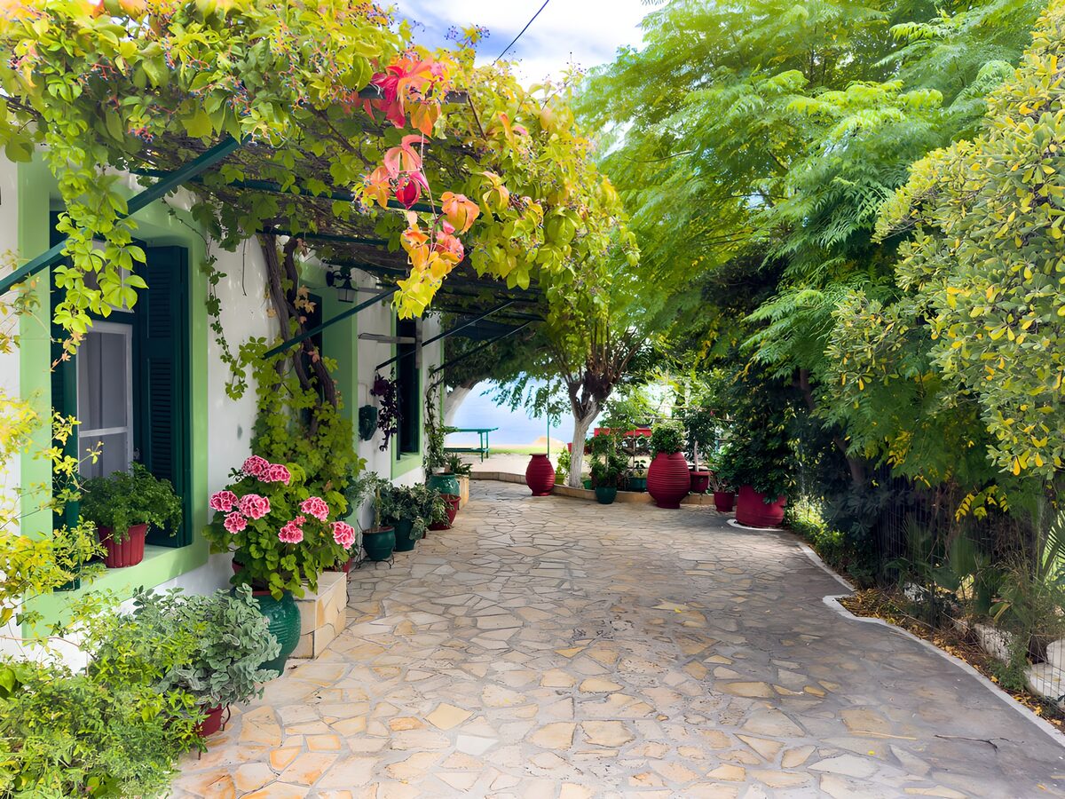 PDGIT1944876: Cortile in pietra tra fiori e ombra