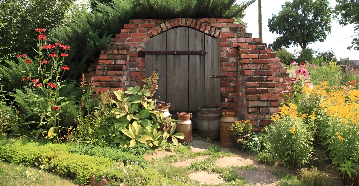 PDGIT4324750: Porta di legno tra i fiori d'estate