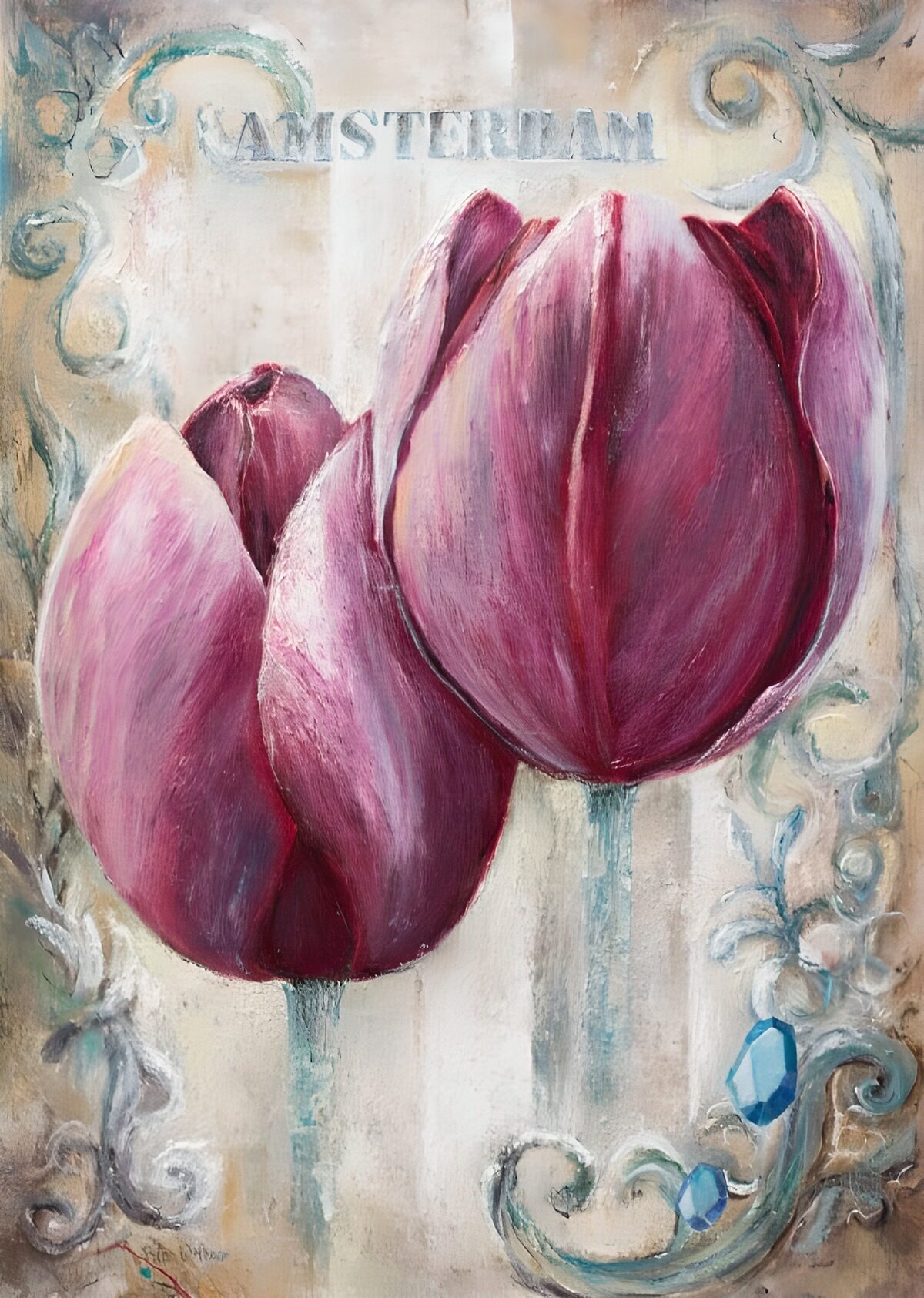 PDGIT5327737: Tulipani rosa e viola su fondo anticato