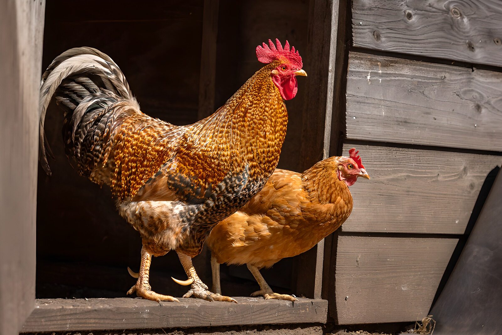 PDGIT7347525: Gallo e gallina sulla soglia di legno